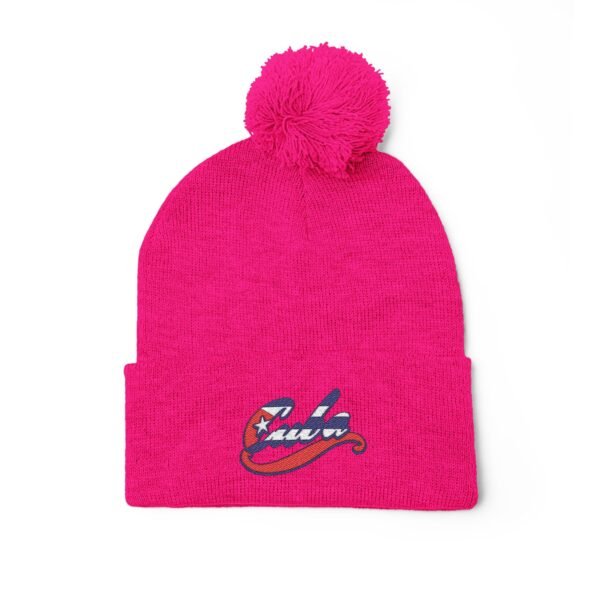 Embroidered Pom-Pom Knit Cap — Retro Cuba Script Beanie