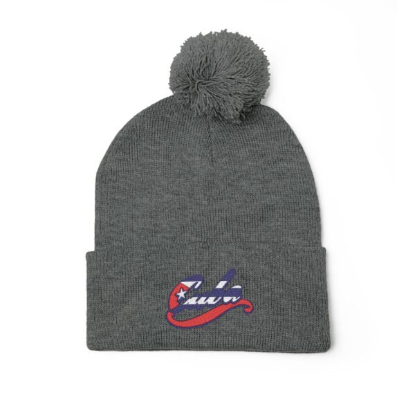 Embroidered Pom-Pom Knit Cap — Retro Cuba Script Beanie
