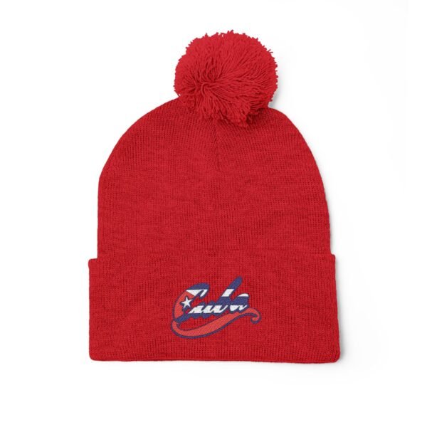 Embroidered Pom-Pom Knit Cap — Retro Cuba Script Beanie