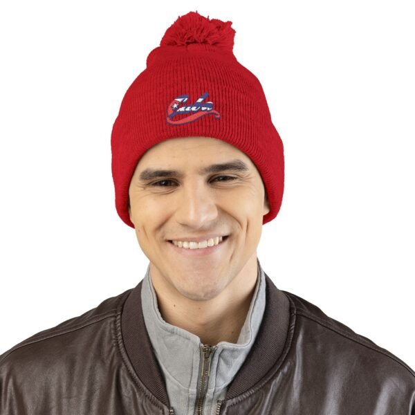 Embroidered Pom-Pom Knit Cap — Retro Cuba Script Beanie
