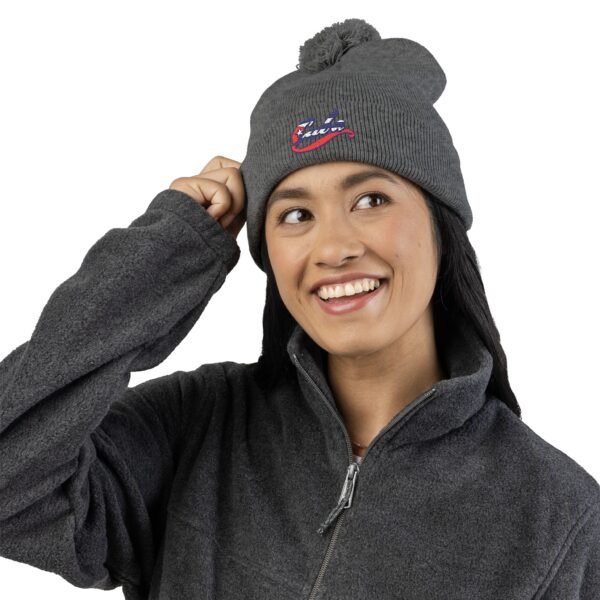 Embroidered Pom-Pom Knit Cap — Retro Cuba Script Beanie