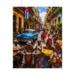 Cuban Street Scene Rolled Poster — Vintage Classic Car & Musicians Wall Art