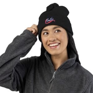 Embroidered Pom-Pom Knit Cap — Retro Cuba Script Beanie