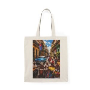Cuban Street Scene Tote Bag – Vintage Car, Drummers & Colorful Havana Market Print