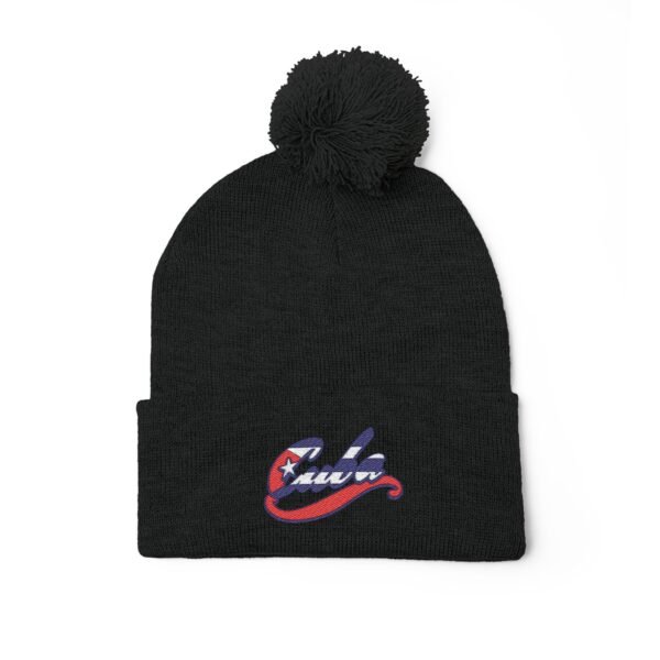 Embroidered Pom-Pom Knit Cap — Retro Cuba Script Beanie
