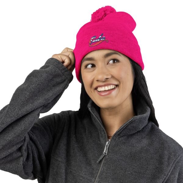 Embroidered Pom-Pom Knit Cap — Retro Cuba Script Beanie