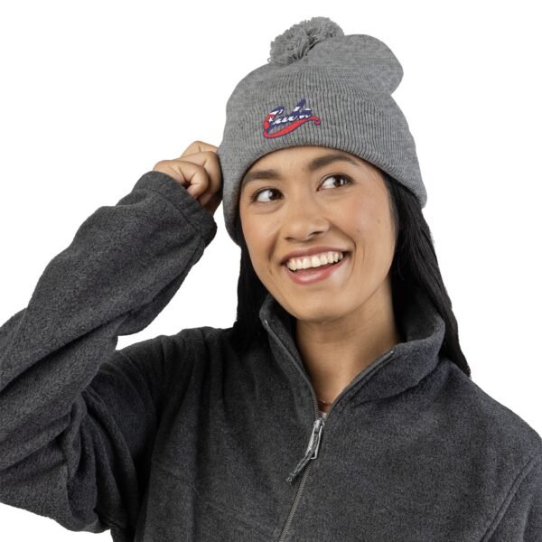 Embroidered Pom-Pom Knit Cap — Retro Cuba Script Beanie