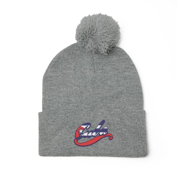 Embroidered Pom-Pom Knit Cap — Retro Cuba Script Beanie