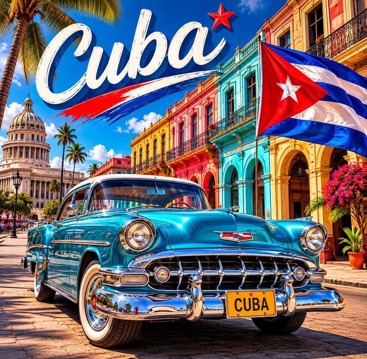 Cuba poster, Havana wall art, Cuban decor, vintage car poster, Cuba printable, Havana poster, Caribbean wall art, tropical wall decor, Cuban flag art, travel poster, digital download.
